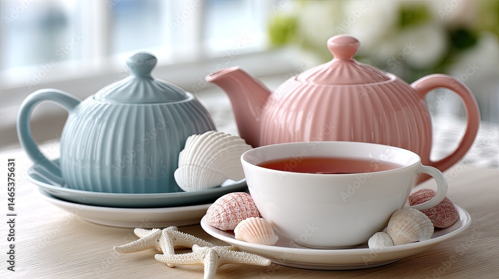 Steaming tea sits in an elegant cup with seashells and starfish sugar candies arranged nearby in a charming setting