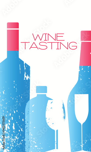 Wine tasting, bar poster, beach party. Wine bottles, glasses, alcohol, drink party, chardonnay, cabernet