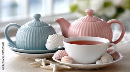 Obraz na płótnie Steaming tea sits in an elegant cup with seashells and starfish sugar candies arranged nearby in a charming setting w salonie
