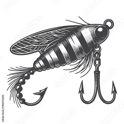 Vintage Hand-Drawn Fishing Lure Shaped Like Insect Illustration – Angler Gear Engraved Style Vector for T-Shirts, Posters, Stickers, and Outdoor Fishing Themes Apparel