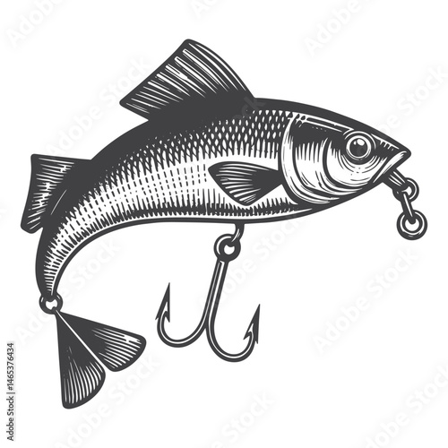 Vintage Hand-Drawn Fishing Lure Side View Illustration – Angler Gear Engraved Style Vector for T-Shirts, Posters, Stickers, and Outdoor Fishing Themes Apparel