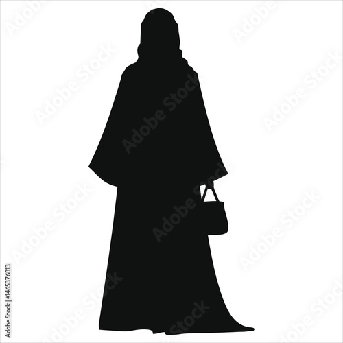 Vector Silhouette of a woman in traditional Muslim attire (Abaya) with a handbag./A simple, elegant silhouette of a woman wearing a hijab and a traditional Muslim dress (likely an abaya or similar gar
