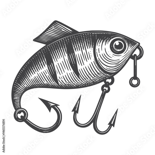 Vintage Hand-Drawn Fishing Lure with Treble Hooks Illustration – Angler Gear Engraved Style Vector for T-Shirts, Posters, Stickers, and Outdoor Fishing Themes Apparel