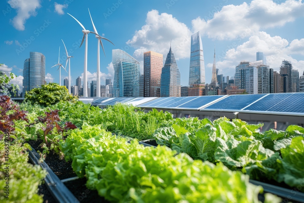 Fototapeta premium Urban rooftop garden with solar panels and wind turbines.