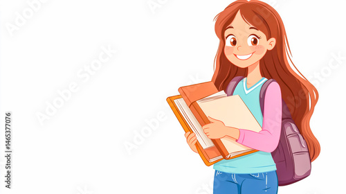 Schoolgirl smiling with textbooks in hand, education and learning theme on white background