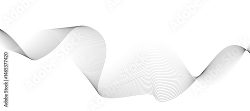 abstract vector design featuring smooth gray wave lines flowing horizontally across a light background. The waves should have a soft gradient and overlapping transparency effects.