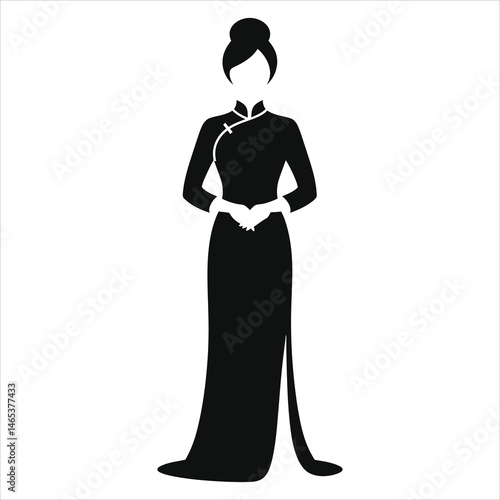 Elegant Asian Woman in Traditional Qipao Dress Vector Silhouette/A stylized silhouette of a woman wearing a traditional Chinese Qipao dress.