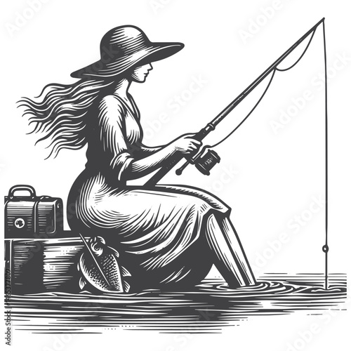 Vintage Hand-Drawn Woman Fishing Illustration – Outdoors Engraved Style Vector for T-Shirts, Posters, Stickers, and Outdoors Apparel