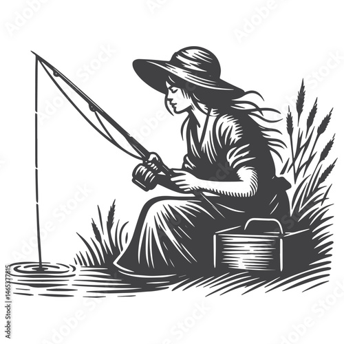 Vintage Hand-Drawn Woman Fishing Illustration – Outdoors Engraved Style Vector for T-Shirts, Posters, Stickers, and Outdoors Apparel