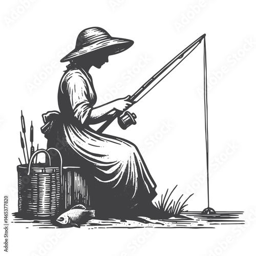 Vintage Hand-Drawn Woman Fishing Illustration – Outdoors Engraved Style Vector for T-Shirts, Posters, Stickers, and Outdoors Apparel