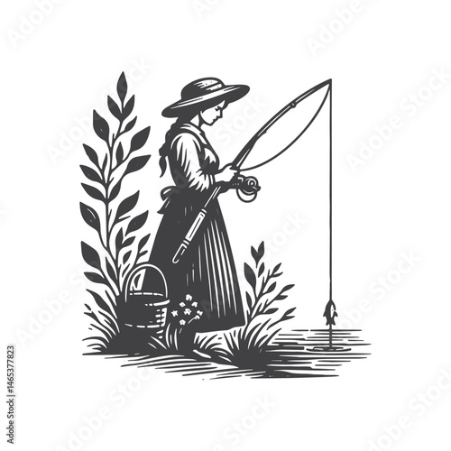 Vintage Hand-Drawn Woman Fishing Illustration – Outdoors Engraved Style Vector for T-Shirts, Posters, Stickers, and Outdoors Apparel