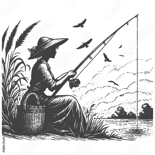 Vintage Hand-Drawn Woman Fishing Illustration – Outdoors Engraved Style Vector for T-Shirts, Posters, Stickers, and Outdoors Apparel