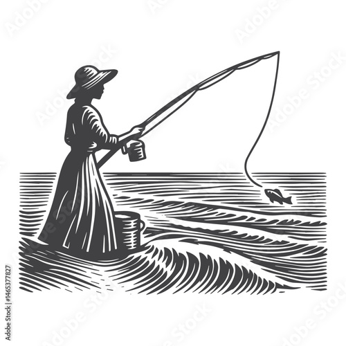 Vintage Hand-Drawn Woman Fishing Illustration – Outdoors Engraved Style Vector for T-Shirts, Posters, Stickers, and Outdoors Apparel