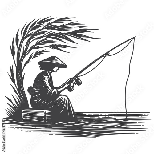 Vintage Hand-Drawn Woman Fishing Illustration – Outdoors Engraved Style Vector for T-Shirts, Posters, Stickers, and Outdoors Apparel