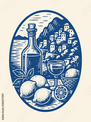 Lemons wine and seaside town engraving style vector