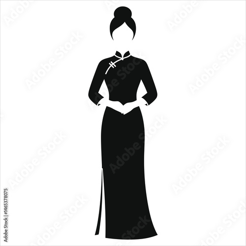 Vector Silhouette of a Woman in Traditional Chinese Dress/A stylish, black and white silhouette of a woman wearing a traditional Chinese qipao dress.