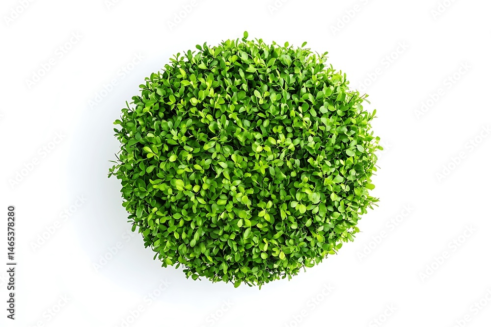 Fototapeta premium Overhead view of a perfectly round green bush on a stark white background in studio lighting