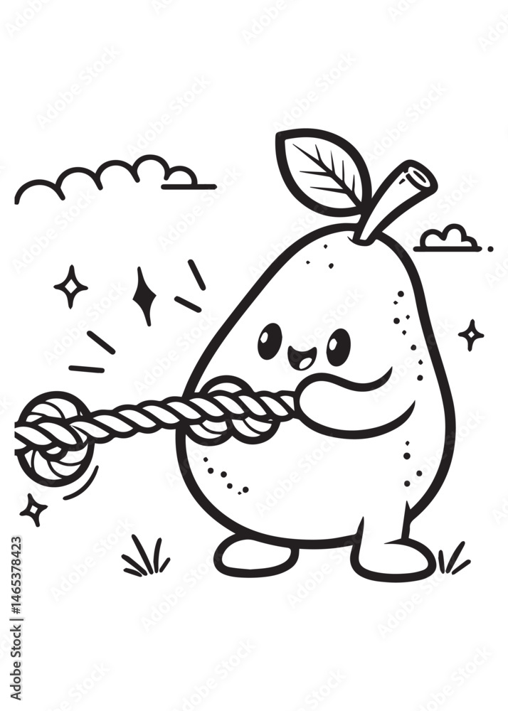 Fototapeta premium Coloring book pear playing tug-of-war. A cute and energetic scene.