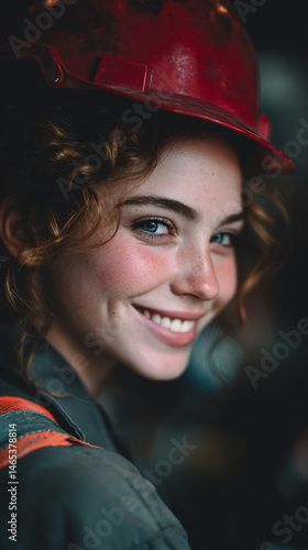 Smiling female railroad engineer a woman in a red hard lid smiling confidently.