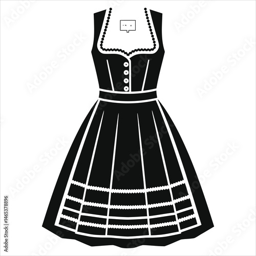 Vector Illustration of a Traditional Black Dirndl Dress/Elegant black and white silhouette of a traditional German Dirndl dress.