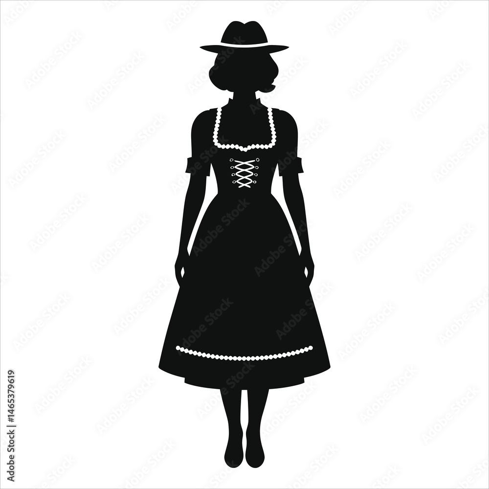  Vector Silhouette of a Woman in Traditional Dirndl Dress{Dirndl dress (German traditional)}/A simple, elegant silhouette of a woman wearing a traditional Bavarian Dirndl dress and hat.