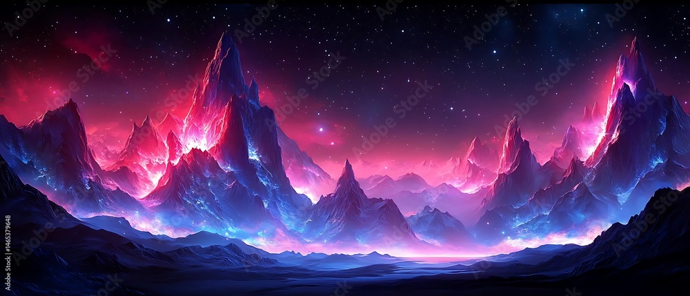 Glowing Mountains, Night Sky, Fantasy Glowing Mountains, Night Sky, Fantasy