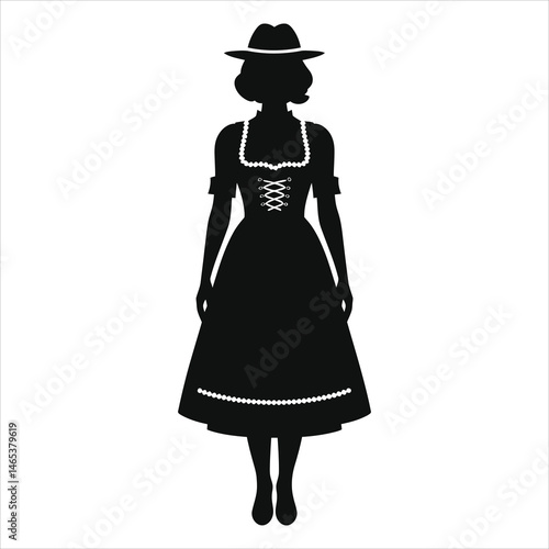  Vector Silhouette of a Woman in Traditional Dirndl Dress{Dirndl dress (German traditional)}/A simple, elegant silhouette of a woman wearing a traditional Bavarian Dirndl dress and hat.