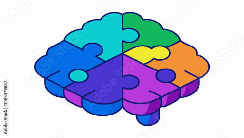 Colorful Puzzle Brain Solving Challenges Together vibrant isometric design with bold colors and