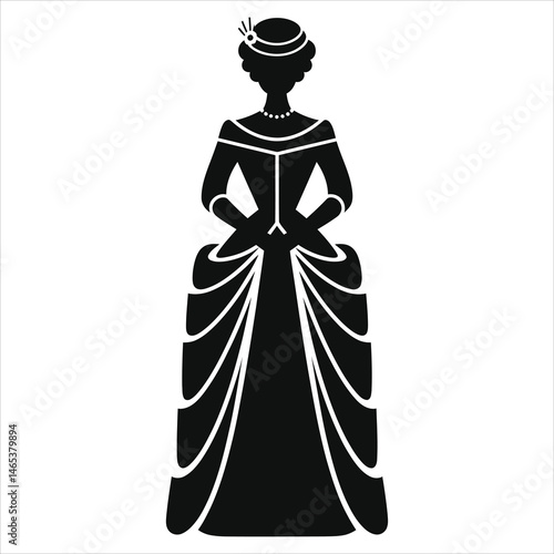 Elegant lady in historical gown (Edwardian gown) vector silhouette/A sophisticated silhouette of a woman in a formal, historical gown.