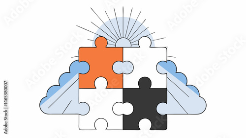 Four puzzle pieces unite under a bright sun symbolizing teamwork collaboration and a shared vision