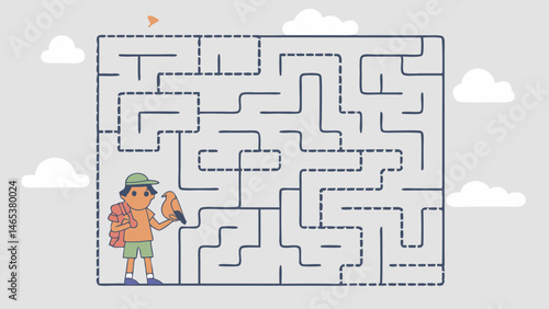 Boy with bird facing complex maze ready for adventure Simple line art light grey background