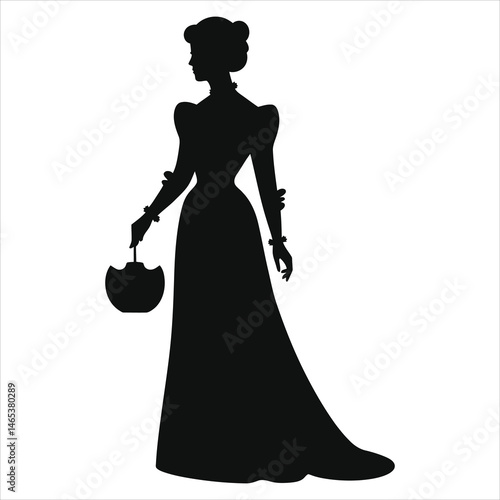 Elegant Vector Silhouette of a Woman in Edwardian Dress/A striking silhouette of a woman in a classic Edwardian-era gown.
