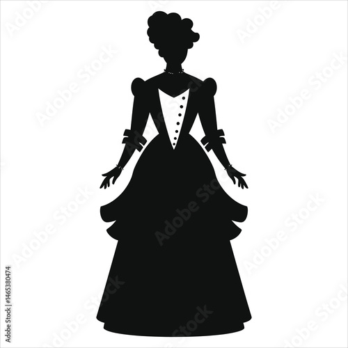 Vector Silhouette of a Woman in a (Edwardian gown)Vintage Gown/A striking black silhouette of a woman wearing a period dress.