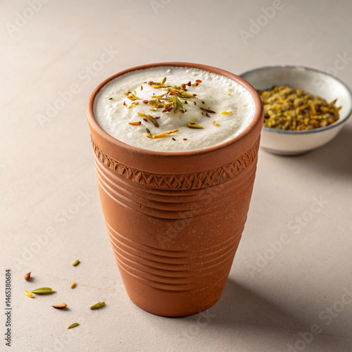 Classic Lassi in Clay Glass on Soft Neutral Background – Minimal Indian Beverage Mockup