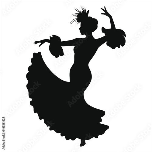 Graceful Vector Silhouette of a Flamenco Dancer/A dramatic silhouette of a flamenco dancer in dynamic motion.