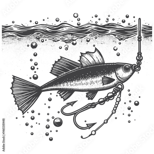 Vintage Hand-Drawn Fishing Lure in Water Illustration – Angler Gear Engraved Style Vector for T-Shirts, Posters, Stickers, and Outdoor Fishing Themes Apparel