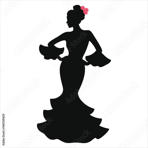 Elegant Vector Silhouette of a Flamenco Dancer/A striking black silhouette of a flamenco dancer, poised in a graceful pose.