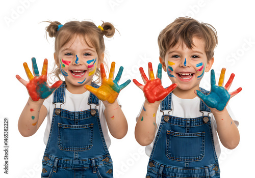 Two joyful children in overalls, faces and hands smeared with colorful paint, enthusiastically showing their hands in a fun and creative moment. isolated on white or transparent background. PNG