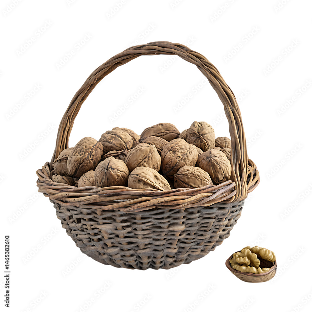 Wicker Basket Full of Walnuts on Transparent Background Wicker Basket Full of Walnuts on Transparent Background