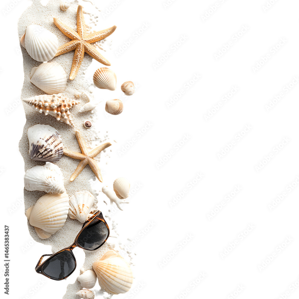 Seashells Starfish Sunglasses on Sand Splash on Transparent Background Seashells Starfish Sunglasses on Sand Splash on Transparent Background