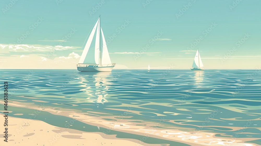 Fototapeta premium the scene is a tranquil coastal view with a calm sea under a mostly clear sky