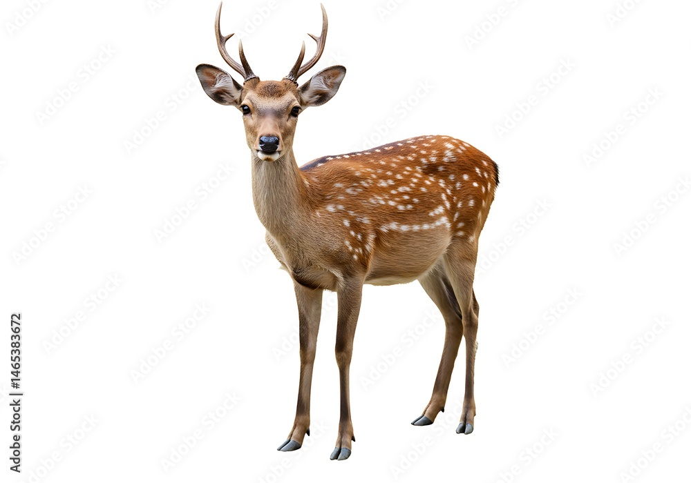 Fototapeta premium A standing sika deer with antlers and spots on a white background looking straight at the viewer