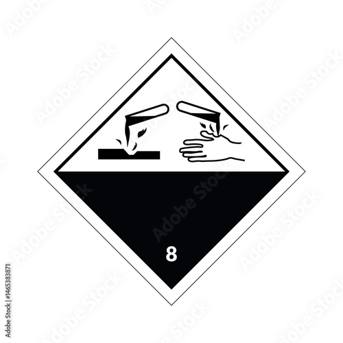 Corrosive Warning Hazard Sign with Hand and Reagents on Rhombus Shape. Placard Class 8 of Hazardous Material.