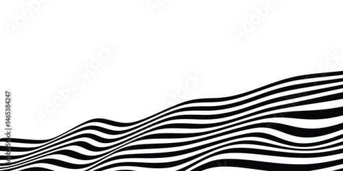 Black on white abstract perspective line wave stripes with 3d dimensional effect isolated on white.