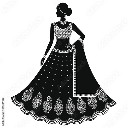 Indian Woman in Traditional Dress (Indian lehenga)Vector Silhouette/A sophisticated silhouette of a woman wearing a traditional Indian lehenga choli.