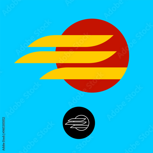 Abstract geometric logo with planet sphere and long horizontal elements like fried potato or desert clouds. Circle as red sun with yellow shadow objects. Solar rays or heat flows sign.