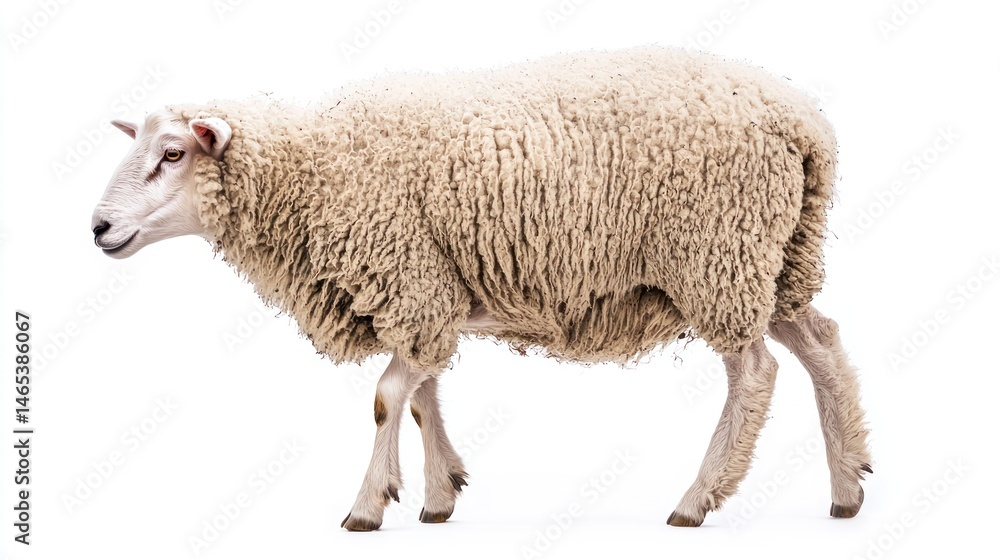 Fototapeta premium Profile view of a fluffy sheep grazing, white background