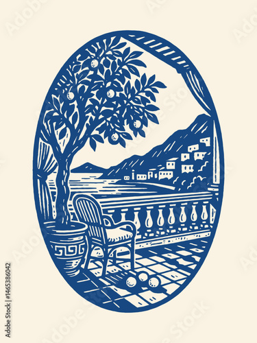 Terrace with orange tree and sea view engraving style