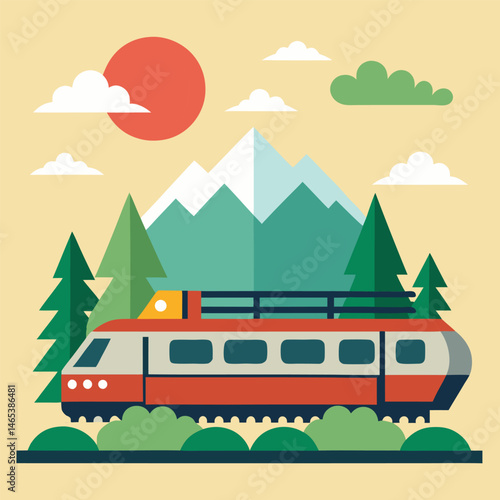 The train is moving on a track with mountains and nature in the background. Cartoon flat express electric train travels by rail road