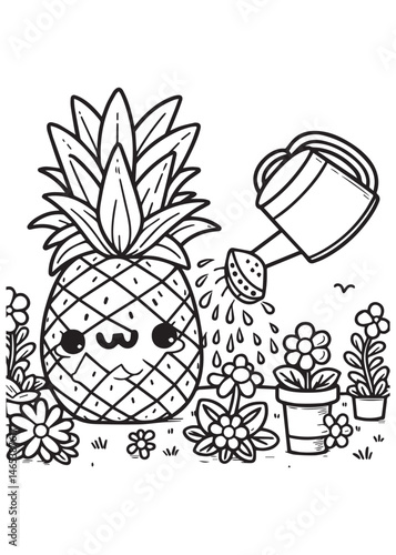 Coloring book pineapple watering flowers with a watering can. A sweet and charming garden scene.